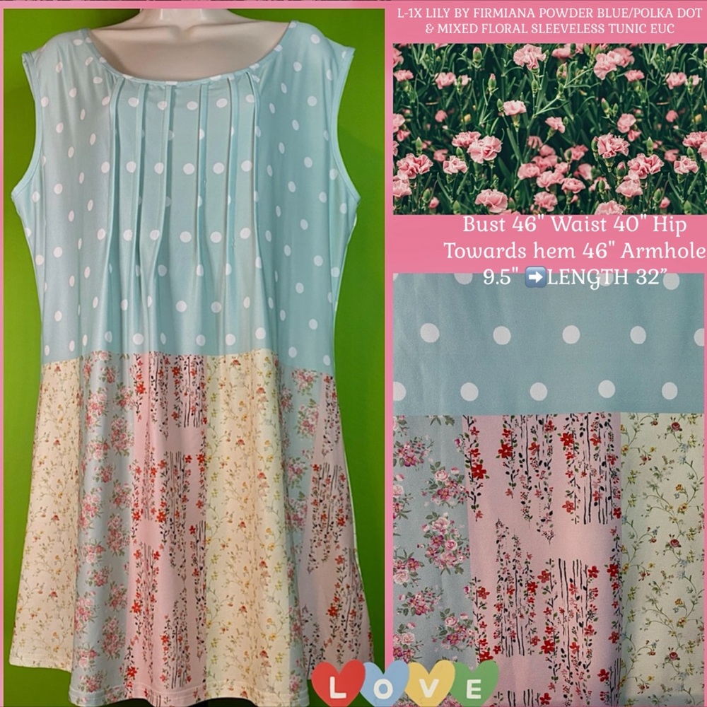 L-1X LILY BY FIRMIANA POWDER BLUE/POLKA DOT & MIXED FLORAL TUNIC DRRSS/TUNIC EUC